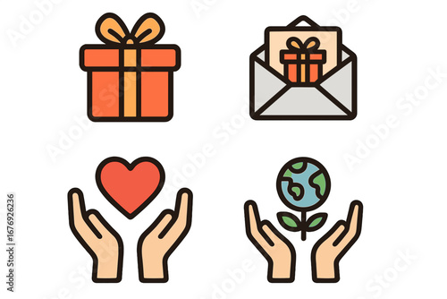 Charity and Donation Icon Set Vector. Hands Holding Heart, Earth, Gift Box, Envelope. Philanthropy, Generosity, Support, Nonprofit, Social Responsibility, Volunteer, Nature Care, Global Aid, Kindness