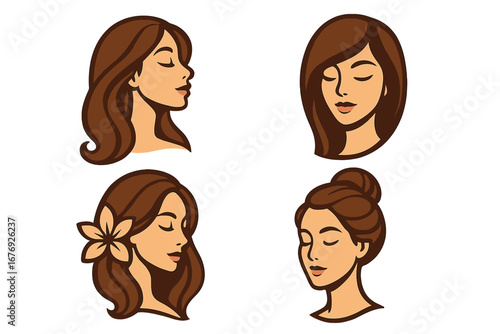 Woman head face logo set for beauty salon, spa, cosmetics. Vector illustration collection of female hairstyles. Beautiful girl portraits for skincare, makeup, wellness brand.