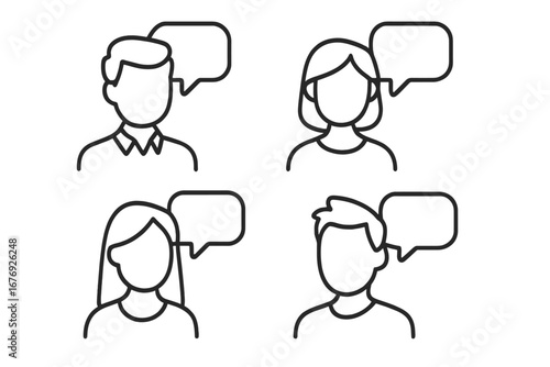 Faceless people talking icon set. Modern outline style vector avatars with speech bubbles for communication, dialogue, feedback, social media, teamwork, and user profiles.
