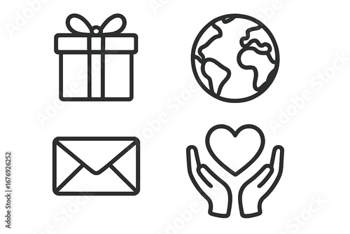 Gift charity donation icon set. Present box, globe, envelope mail, hands holding heart symbol. Vector outline illustration. Nonprofit, giving, support, global aid, love, philanthropy concepts