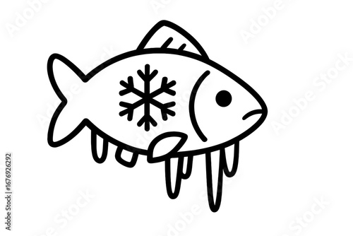 Frozen fish outline vector illustration with snowflake and icicles, linear style cold seafood, ice fishing concept, frozen seafood icon for web design, food packaging, advertising, apps, cards