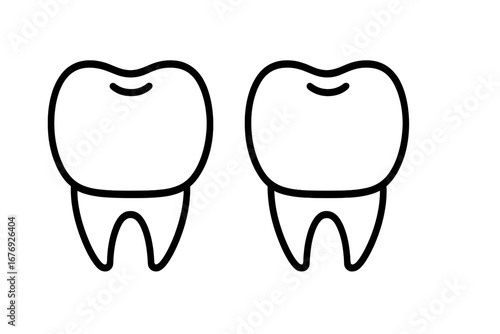 Two teeth vector outline icon. Dental care symbol for dentist, clinic, or oral hygiene. Tooth health illustration. Set of simple linear pictograms for web and graphic design.
