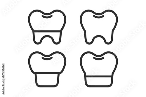 Dental crown and tooth icon set. Linear outline symbols for dentistry and stomatology. Oral care, health, and medicine concept. Vector graphics for veneers and implants.