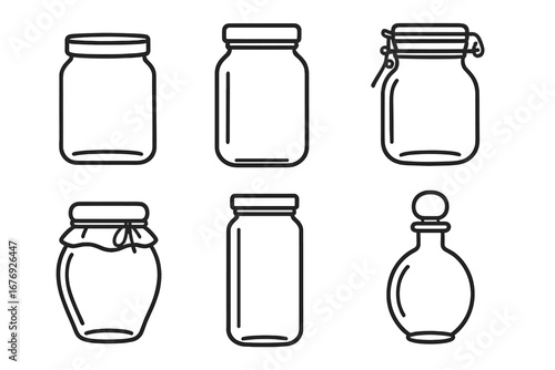 Glass jar vector icons collection. Outline style glassware jars, bottles and containers set. Transparent background. Kitchen storage, canning, apothecary, food, drinks, design elements