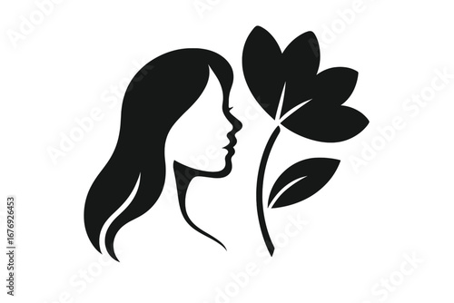Woman face silhouette with a flower. Vector logo icon for a beauty salon, spa, cosmetics, or wellness center. Minimalist and elegant concept of natural skincare and female beauty.