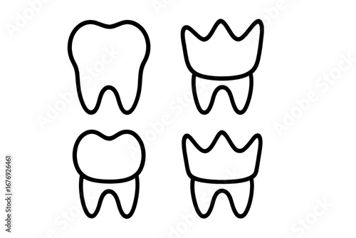 Dental crown line icon set. Tooth restoration symbol. Dentistry, stomatology vector illustration. Oral care, hygiene concept. Teeth treatment outline pictogram for clinic.