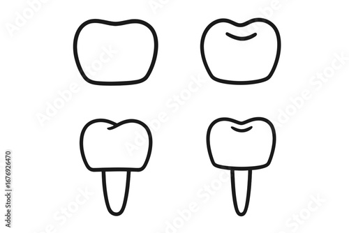 Dental crown and tooth implant line icon set. Vector illustration for dentistry, stomatology clinic. Oral care concept. Molar tooth, root, and crown outline graphic element.