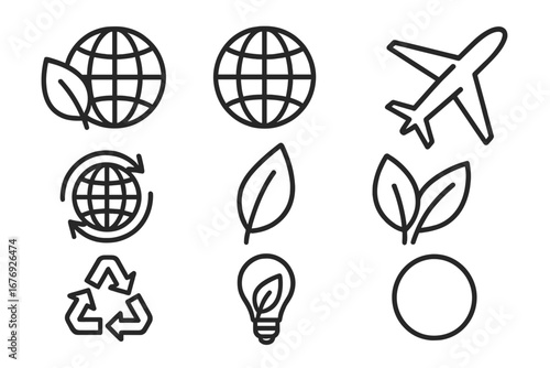Eco-Friendly Global Line Icon Pack with Leaf, Airplane, Recycle, Globe, Light Bulb, Renewable, Outline Vector Signs for Web Graphic Design, Apps, Advertising, Cards, Sustainability Concept