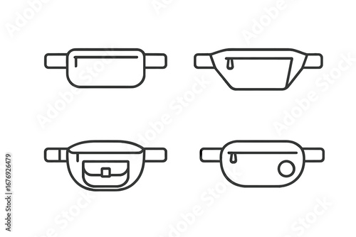 Modern waist bag and fanny pack vector icon set. Minimalist outline bumbag illustrations for fashion accessory design. Editable stroke hip pouch symbols for web, app, merch, branding, style concept.