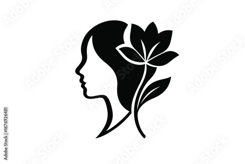 Woman face silhouette with lotus flower. Vector logo for beauty salon, spa, cosmetics. Concept for wellness, yoga, natural products. Minimalist elegant female profile icon.