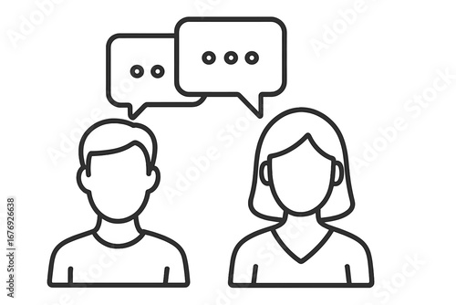 Man and woman talking icon. Communication, dialogue, chat concept. Vector illustration of faceless people with speech bubbles. Social interaction, feedback, and support symbol.