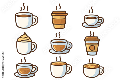 Coffee and tea icon set. Collection of hot drink vector icons for cafe menu, apps, and web graphics. Cartoon style espresso, latte, cappuccino, and beverage symbols.
