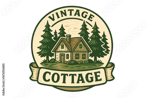 Vintage cottage in the woods logo. Retro cabin in the pine forest for travel and adventure. Hand drawn vector illustration for camping, lodge branding or national park emblem.