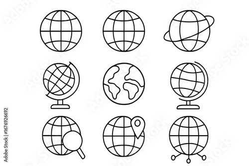 Minimalistic globe line icon collection. Editable stroke vector set for maps, world, geography, navigation apps, location, travel, global connectivity, search icons, network design, banners.