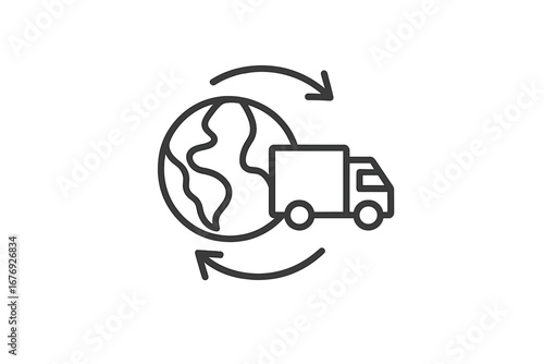 Global delivery logistics icon, worldwide shipping pictogram, international freight truck, minimal earth transport symbol, vector outline for web, app, banner, social media design