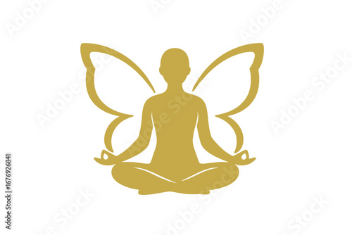 Golden yoga lotus pose with butterfly wings logo. Concept of transformation, wellness, meditation, and spiritual growth. Metamorphosis of soul. Woman silhouette icon design.