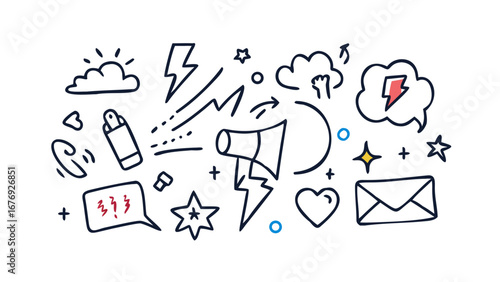 Communication Icons and Symbols Doodle illustration