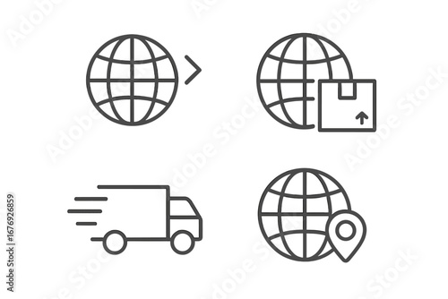 Global delivery logistics icons set. Minimalist line pictograms for worldwide shipping, fast international transport, package tracking, global location, export import, ecommerce. Vector illustration.