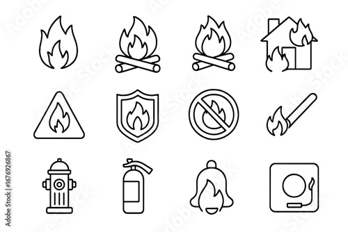 Fire Icon Line Bundle with Matches, Safety Signs, Fire Extinguisher, Alarm and Hydrant Symbols for Graphic Design, Web, Apps, Ads, Cards, Vector Transparent Background