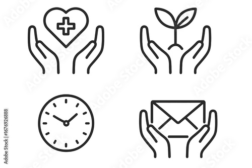 Set of hands protection line icons – healthcare heart, nature plant, time clock, envelope mail. Editable stroke. Charity, support, care, delivery, eco, volunteer symbol. Vector illustration.