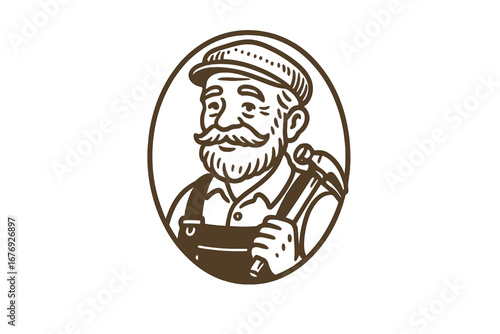 Vintage handyman logo with an old man character. Retro carpenter mascot with a hammer tool. Senior craftsman emblem for a construction or repair service. Line art vector design.