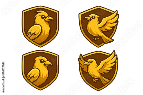 Golden bird logo set on shield. Luxury canary mascot collection for business brand. Vector cartoon emblem icon. Premium gold finch design for security or esports team badge.