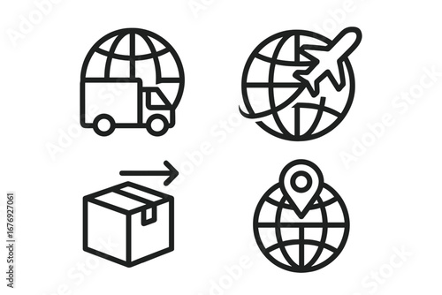 Global shipping delivery logistics outline icons set. Package, worldwide transportation, cargo truck, airplane, location pin, export, international freight, parcel tracking, vector illustration