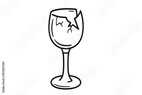 Broken wine glass illustration, shattered transparent stemware, linear vector drawing for graphic design, app icon, concept art, isolated white background