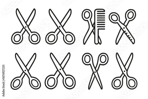 Scissors Line Icons Set for Haircut and Salon Design. Outline Vector Symbols for Barber, Hairstyling, Hairdresser App UI, Web Icons, Beauty Advertising, Graphic Resources, Transparent Background