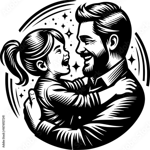 Affectionate Embrace: A heartwarming depiction of a father and daughter sharing a tender moment, the illustration capturing the depth of familial love with bold black lines.