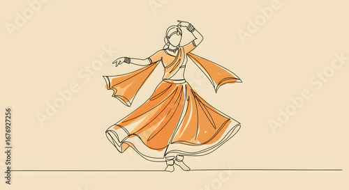 Continuous line drawing of a woman performing garba dance a concept for navaratri festival celebration indian culture tradition and minimal artistic fashion design