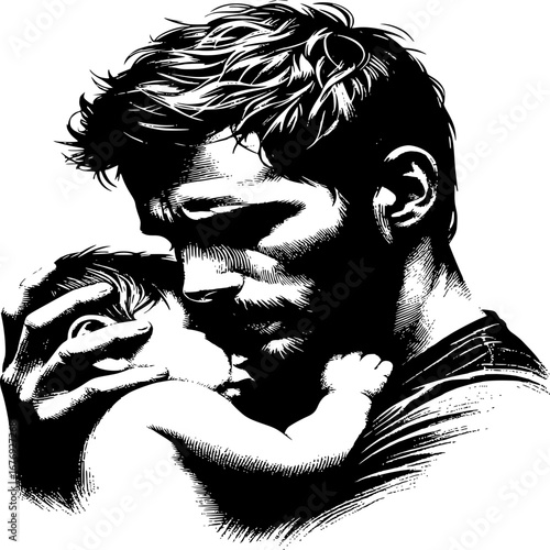 Father's Tender Embrace: An emotive, illustrative portrayal captures a father cradling his baby. The tender connection shines, representing family bond, unconditional love and protective care.