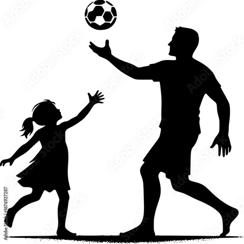 Silhouette of Father-Daughter: A heartwarming silhouette of a father and daughter engaged in a playful game of soccer. The image captures a joyful moment filled with love and togetherness.