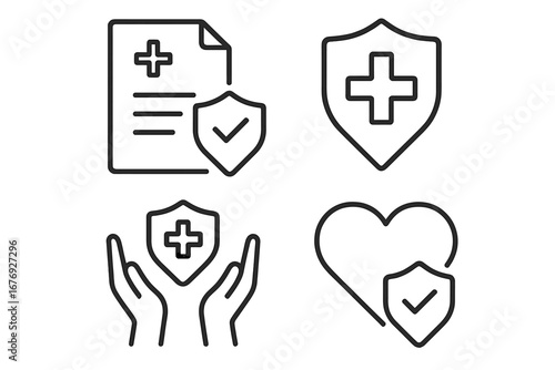 Minimalistic Health Insurance Line Icons Set. Medical Insurance Protection, Secure Policy, Healthcare Document, Safety Symbol, Web, App, Banner, Social Media, Modern Vector Illustration