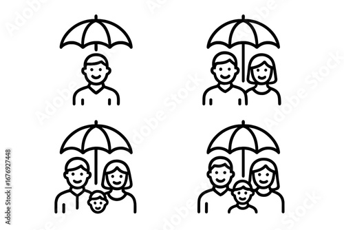 Family and Individual Insurance Line Icon Set. People Under Umbrella Outline Symbols for Web, App, Ad, Card Design. Protection, Safety, Security, Health, Risk Management Vector Illustration