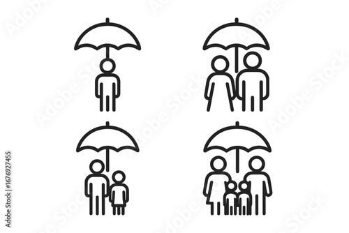 Insurance protection icons set. Family, couple, and individual under umbrella. Safety, security, risk management, life and health insurance, financial protection, outline vector symbols pack.