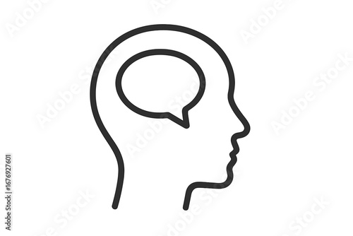 Human head silhouette with speech bubble inside. Concept for psychology, inner voice, communication, opinion, and mental health. Vector icon for thoughts, ideas, and dialogue.