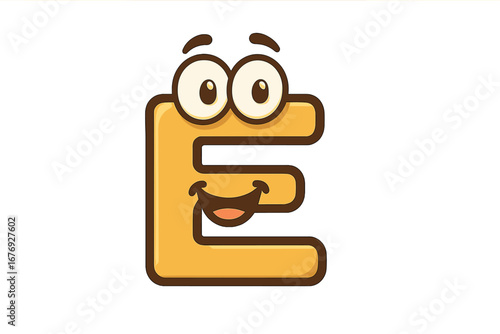 Cute cartoon letter E character. Funny smiling alphabet font mascot for kids. Happy emoticon face. Education and learning symbol. Isolated vector comic illustration on white.