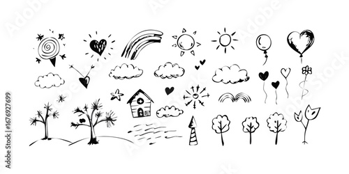 Doodle icons of nature and symbols hand drawn