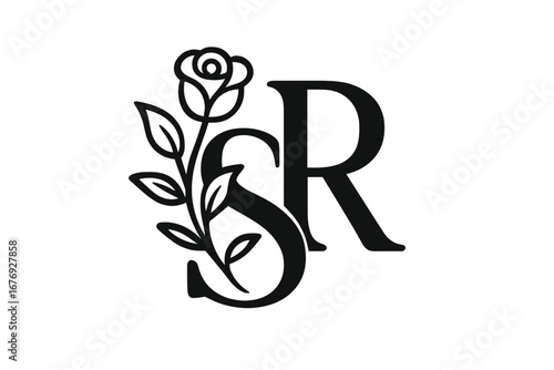 Elegant SR monogram logo with a beautiful rose. Serif letters S and R for a wedding initial or beauty brand. Feminine floral vector for botanical, cosmetic or fashion identity.