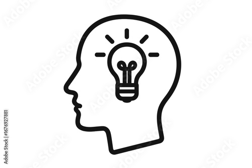 Idea lightbulb in head line icon. Creative thinking, innovation, inspiration concept. New solution, knowledge, learning. Human mind process symbol. Psychology, intelligence.