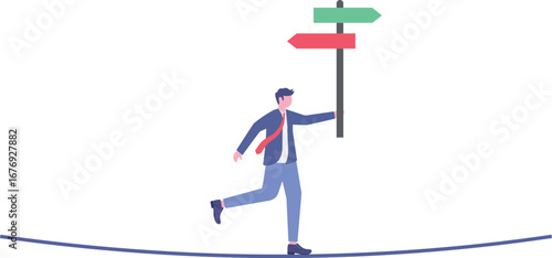 Flat illustration of businessman balancing on tightrope with arrows pointing in different career directions
