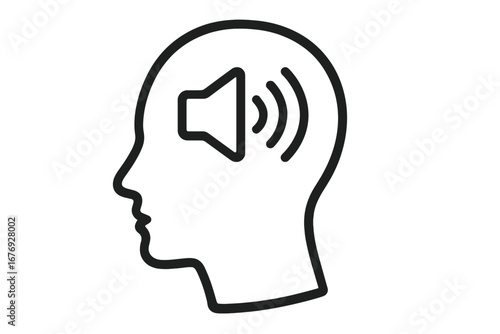 Inner voice, self-talk, and internal monologue concept. Head silhouette with a speaker inside. Psychology, opinion, and communication metaphor. Vector icon for mental health.