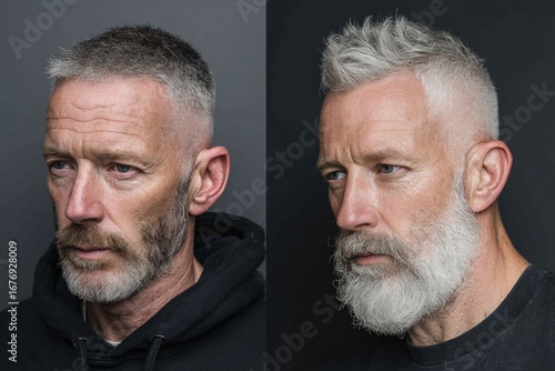 Before and after haircut and beard styling photos showing transformation of mature man with grey hair and beard