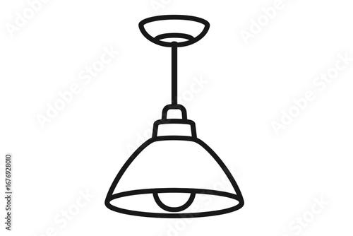 Minimalist ceiling pendant lamp line art. Modern hanging light fixture outline. Black and white vector illustration of interior decor lighting for apps UI, web, graphic design, concept, and branding