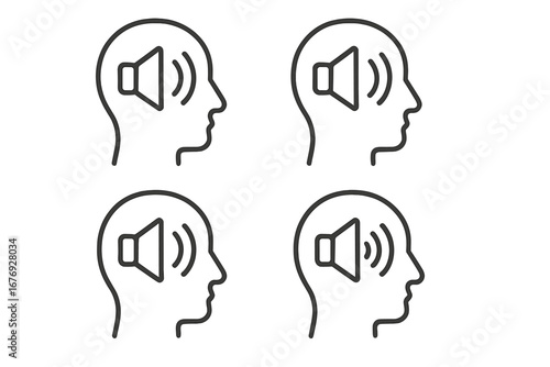 Inner voice icon. Head silhouette with speaker. Self-talk, internal monologue, personal opinion concept. Psychology, propaganda, mental health, consciousness vector illustration.