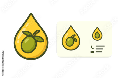 Olive oil drop logo with business card design set. Vector cartoon illustration for corporate brand identity. Natural organic food concept. Healthy gourmet product branding package.