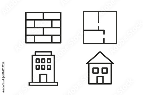 Set of Modern Line Icons for Construction and Architecture. Brick Wall, House, Building, Floor Plan. Outline Symbols for Real Estate, Urban Design, Home Improvement, Web Graphics, Apps.