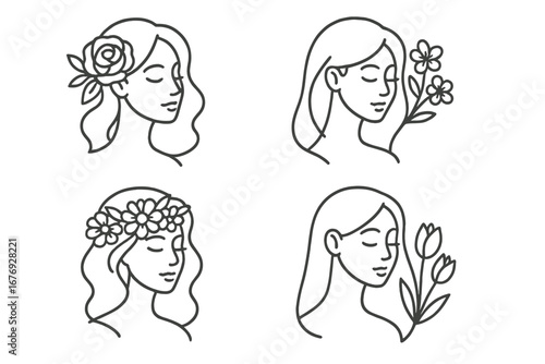 Set of beautiful woman face line art logo designs. Collection of female head silhouettes with flowers for beauty salon, spa, cosmetics, wellness. Elegant minimalist vector icons.