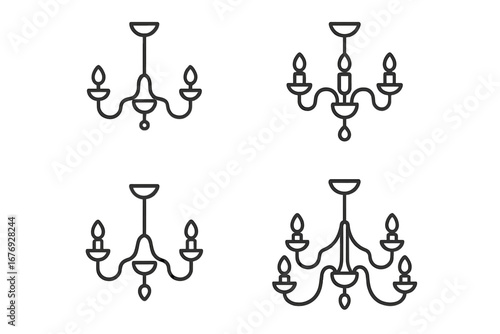 Elegant chandelier thin outline vector icons set for web, graphic design, app interface, banners, social media, invitations, cards, interior decor, home lighting illustration isolated on transparent